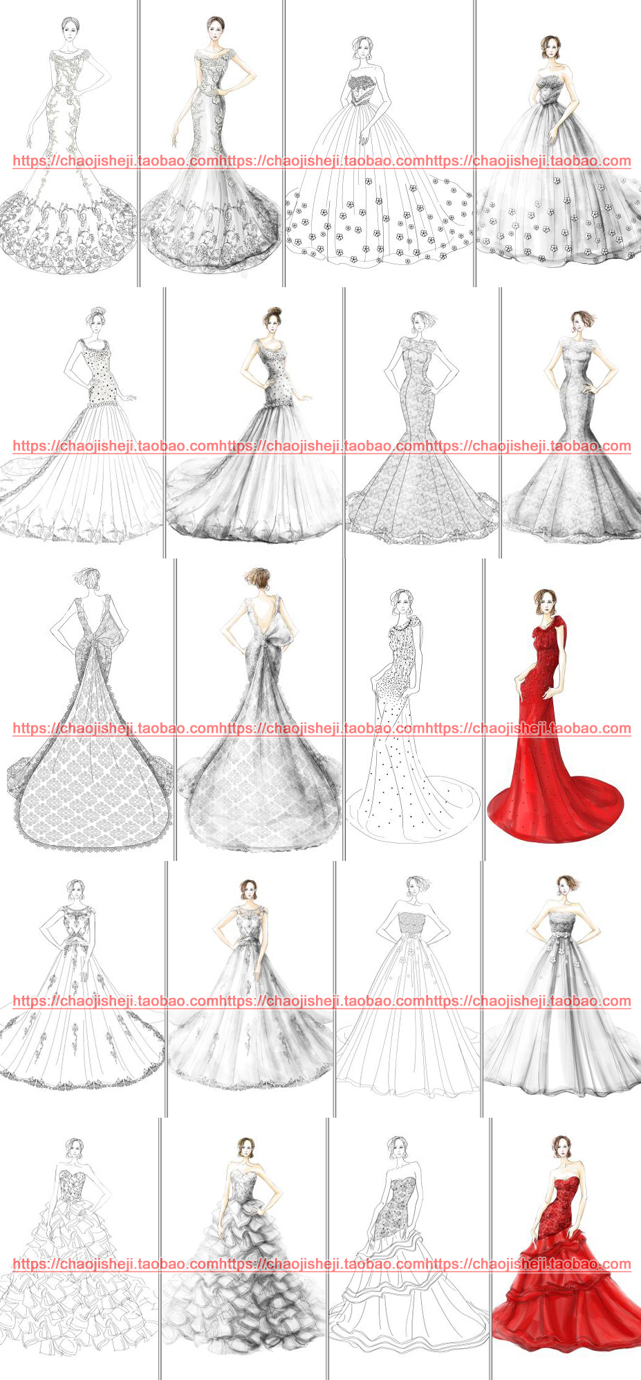 高清女款式婚纱模板礼服裙装宴会设计效果图素材彩色线稿PS手绘画